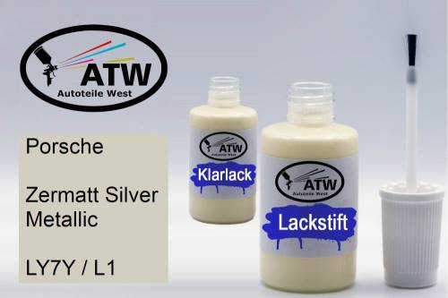 Porsche, Zermatt Silver Metallic, LY7Y / L1: 20ml Lackstift + 20ml Klarlack - Set, von ATW Autoteile West.